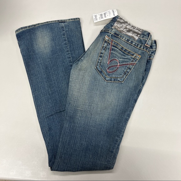 bebe Denim - Vintage Bebe Kayla Distressed Flare Leg Chainmail Jean